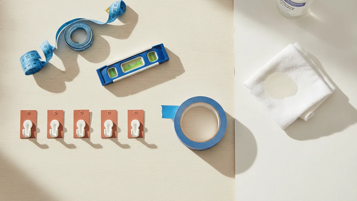 Tools and adhesive mounting supplies for hanging wall decor safely