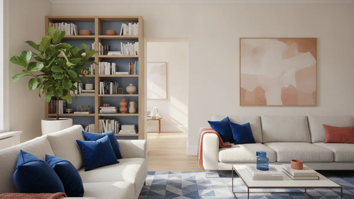 Furniture blocks the doorway sight line Bookshelf or tall plant placed to block the doorway sight line.