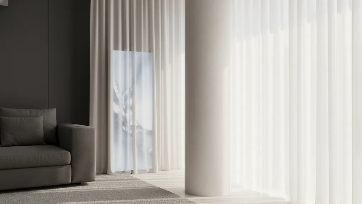 Curtains and a screen soften the look of a living room pillar
