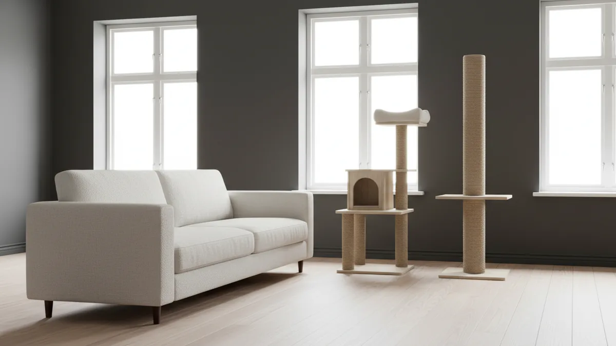 Cat tree and scratching post placed near a sofa to redirect scratching