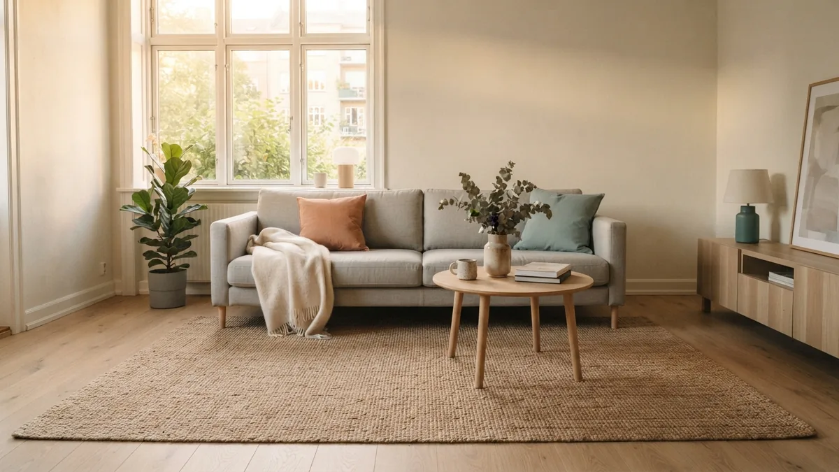 Natural jute rug base layer Natural jute base rug anchoring a bright Scandinavian living room