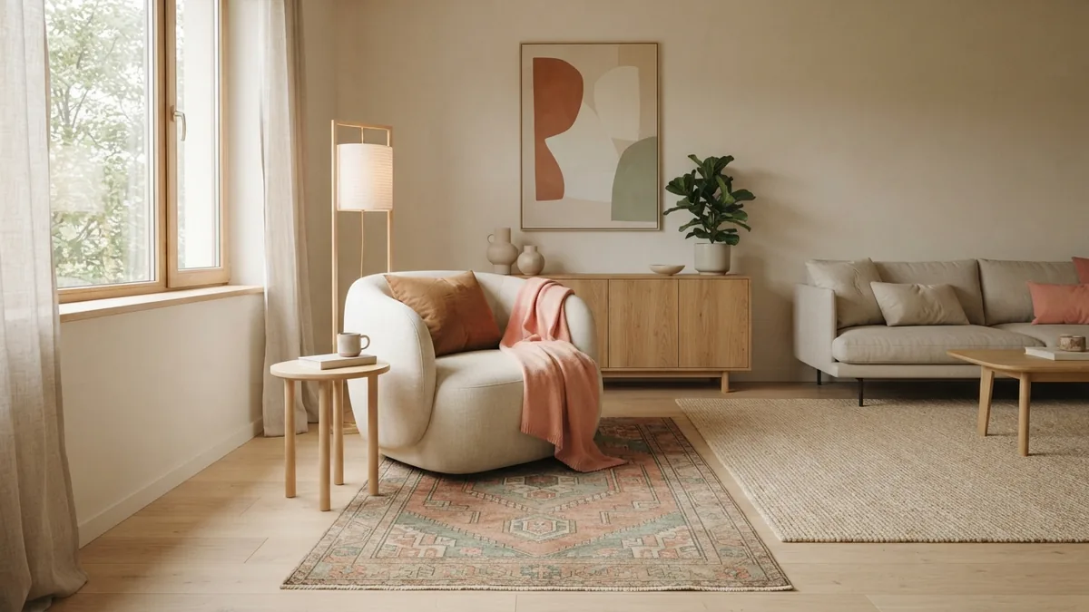 Offset patterned rug defining a reading zone in a Japandi living room