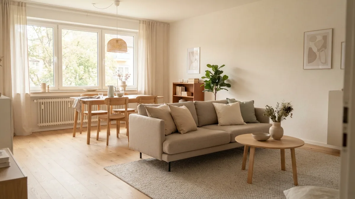 Open apartment living and dining areas linked by related neutral rugs