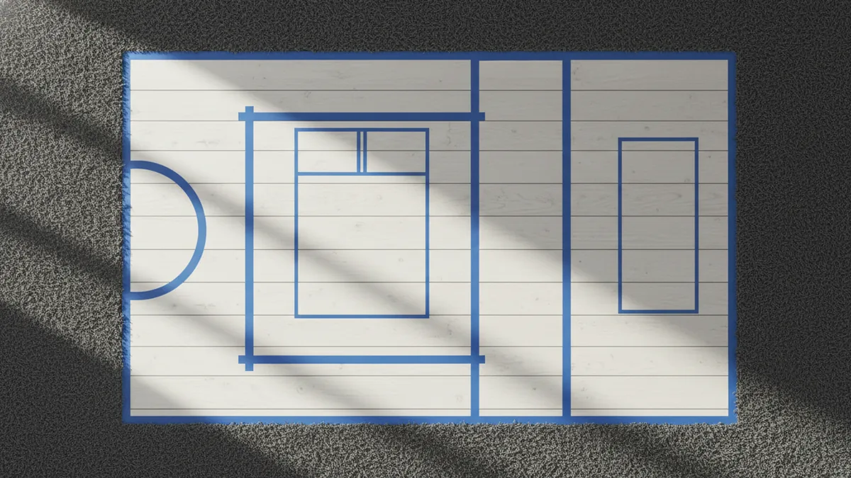 Measure and map traffic paths Tape outline planning for bed and walking path in a small bedroom