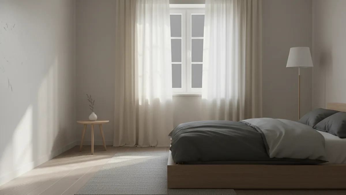 Let daylight reach the room Window and light-filled small bedroom with furniture kept away from glare