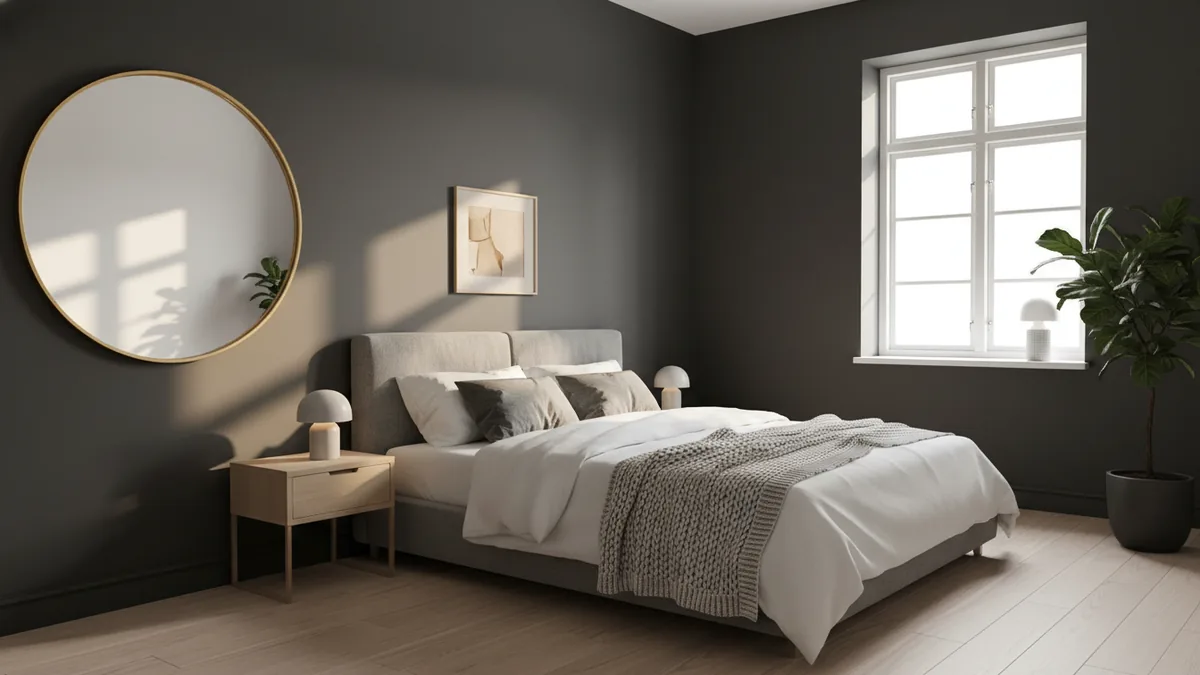 Mirror depth trick Decorative mirror reflecting light to add depth in a small bedroom