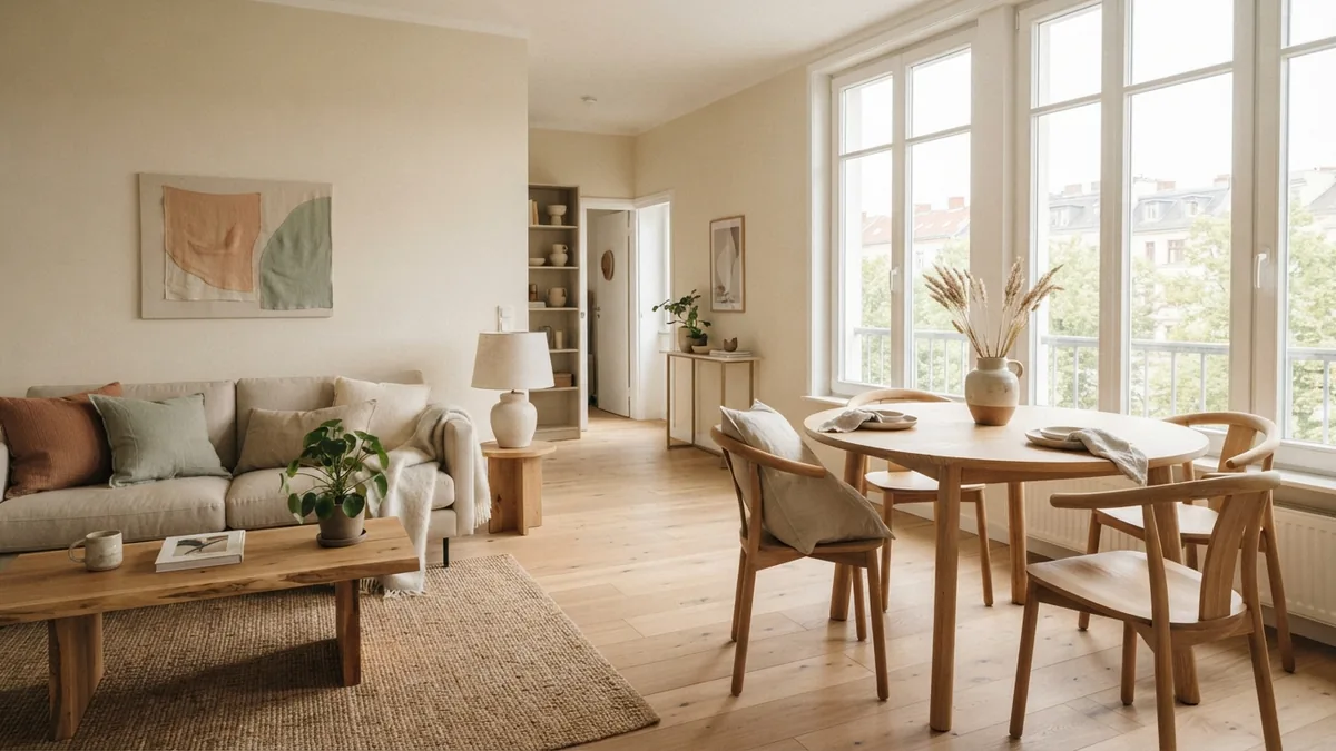 Japandi apartment interior showing balanced furniture, warm light, and natural materials