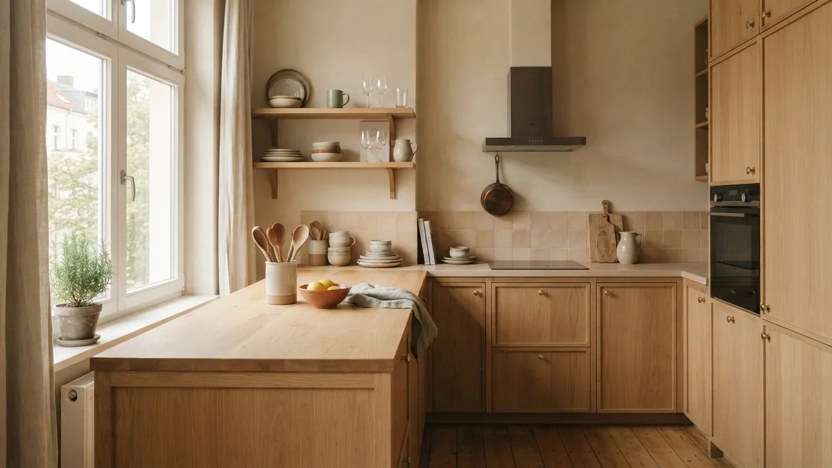 Practical pale oak kitchen Bright European kitchen with pale oak cabinets and a practical open layout