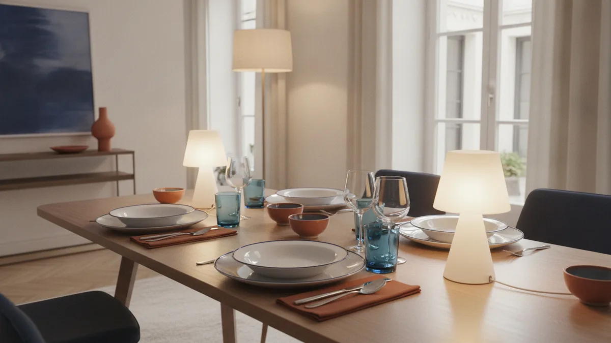 Dining table lighting using table lamps for task visibility without overhead lights.