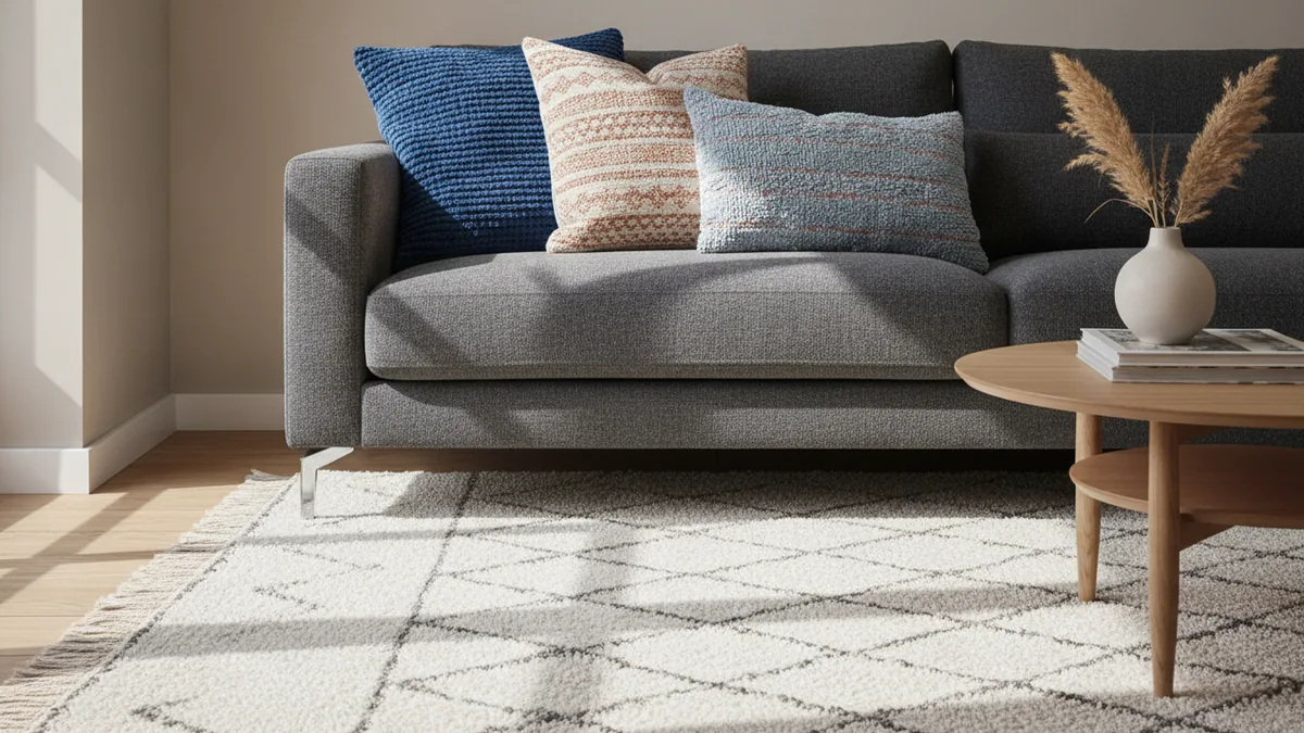 Textiles that lift the room Light pillows and rug textures that brighten the look of a dark sofa