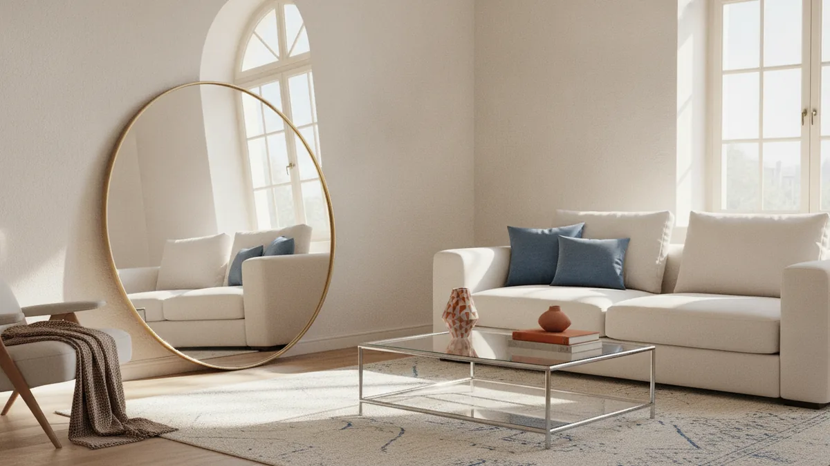 Mirrors and reflective surfaces Mirror and glass surfaces reflecting daylight to brighten a dark living room
