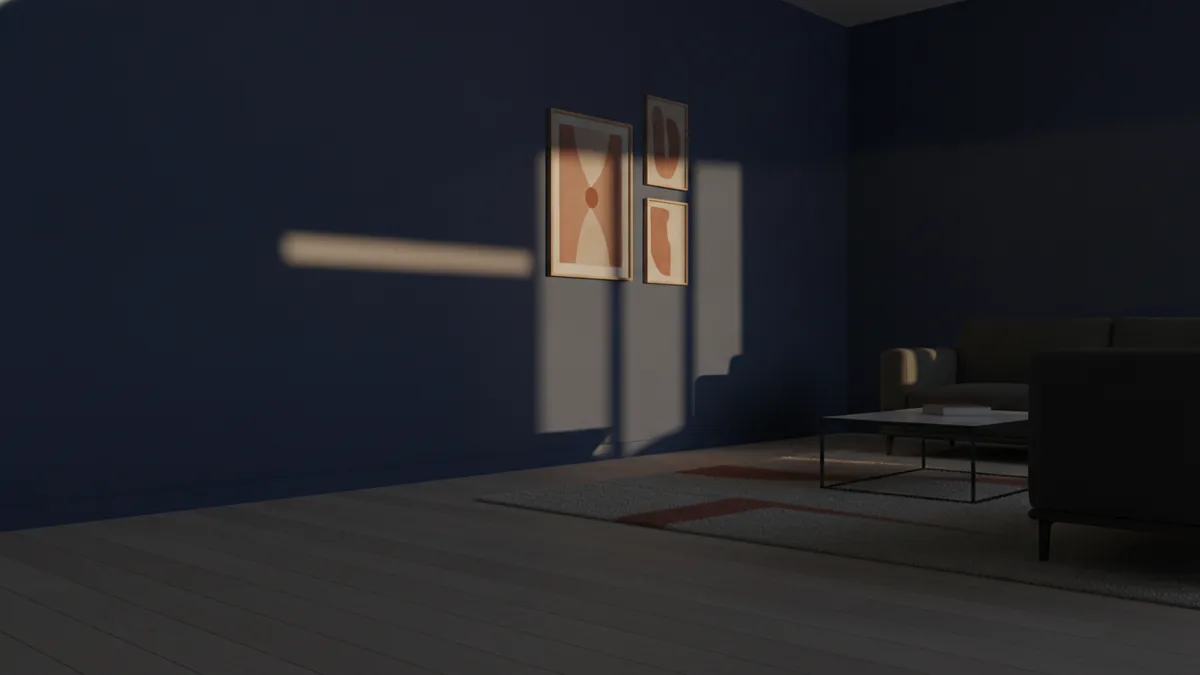 See how dark colors absorb light A dark living room corner showing shadows and low reflected light on walls.