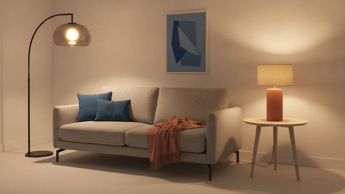 Layered lighting from floor and table lamps brightens a seating area.