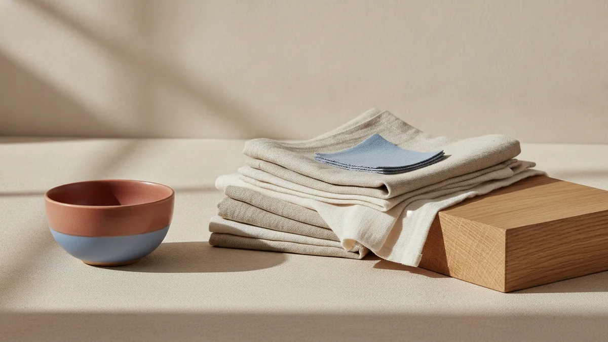 Neutral palette swatches with textured fabrics and wood tones