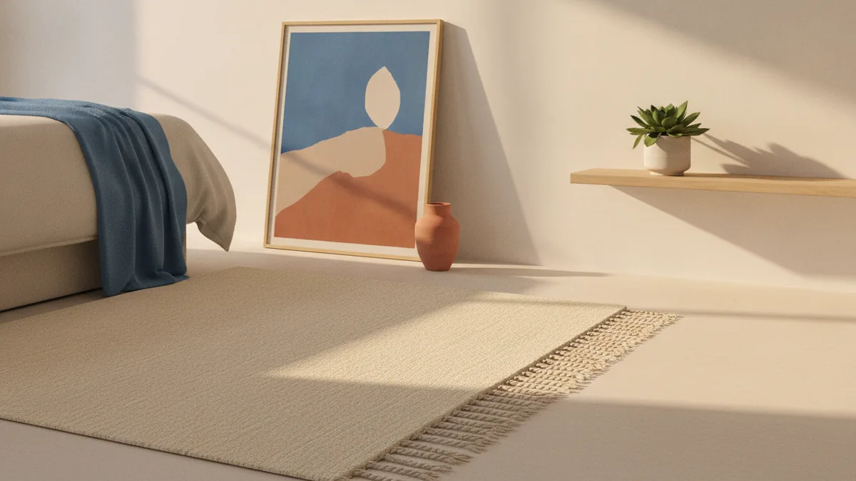 Curated modern decor Modern bedroom decor with rug, framed art, and a small plant