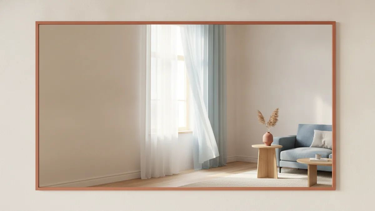 Mirror reflecting daylight to create depth in a small room.