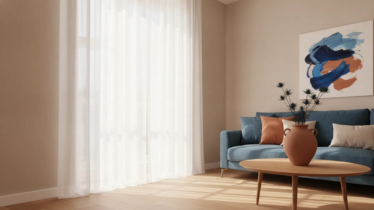 Sheer curtains hung near the ceiling to make a room feel taller.