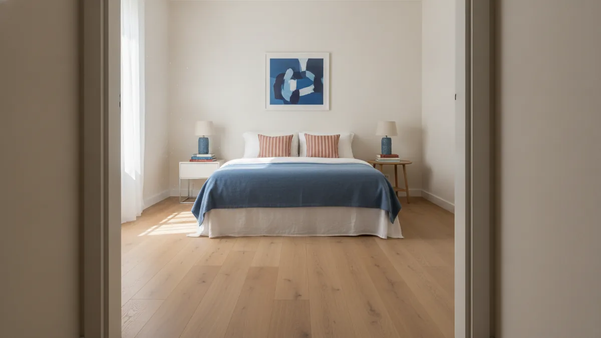 Clear sight lines View from the doorway showing clear paths and calm, open sight lines in a small bedroom.