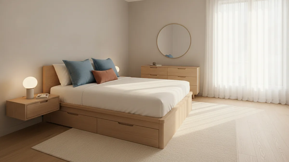 Scaled furniture in a small bedroom with open floor space and tidy storage.