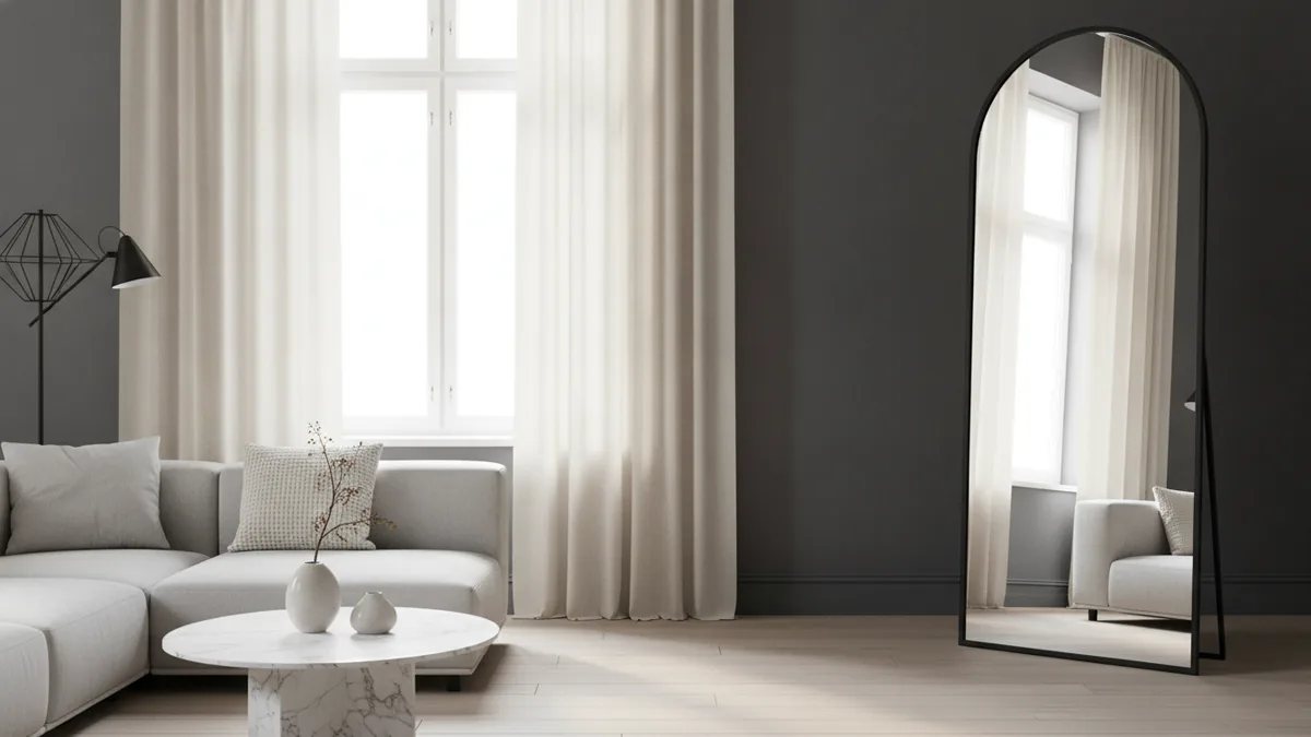Mirror depth across the room Tall mirror reflecting daylight to make a room feel deeper