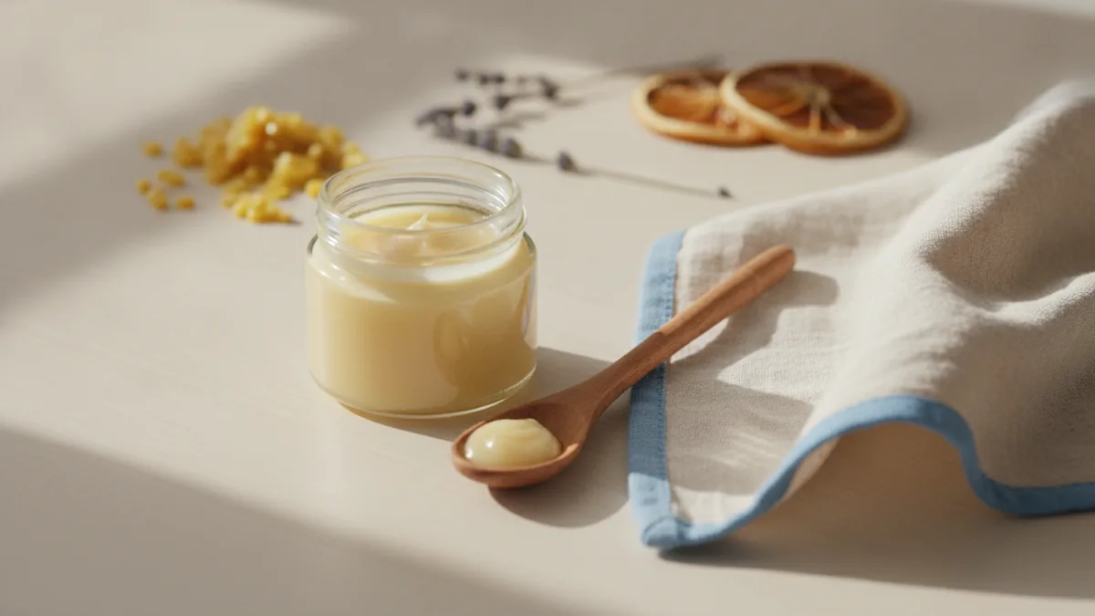 Jar of beeswax polish with a wooden spoon and cotton cloth on a clean table