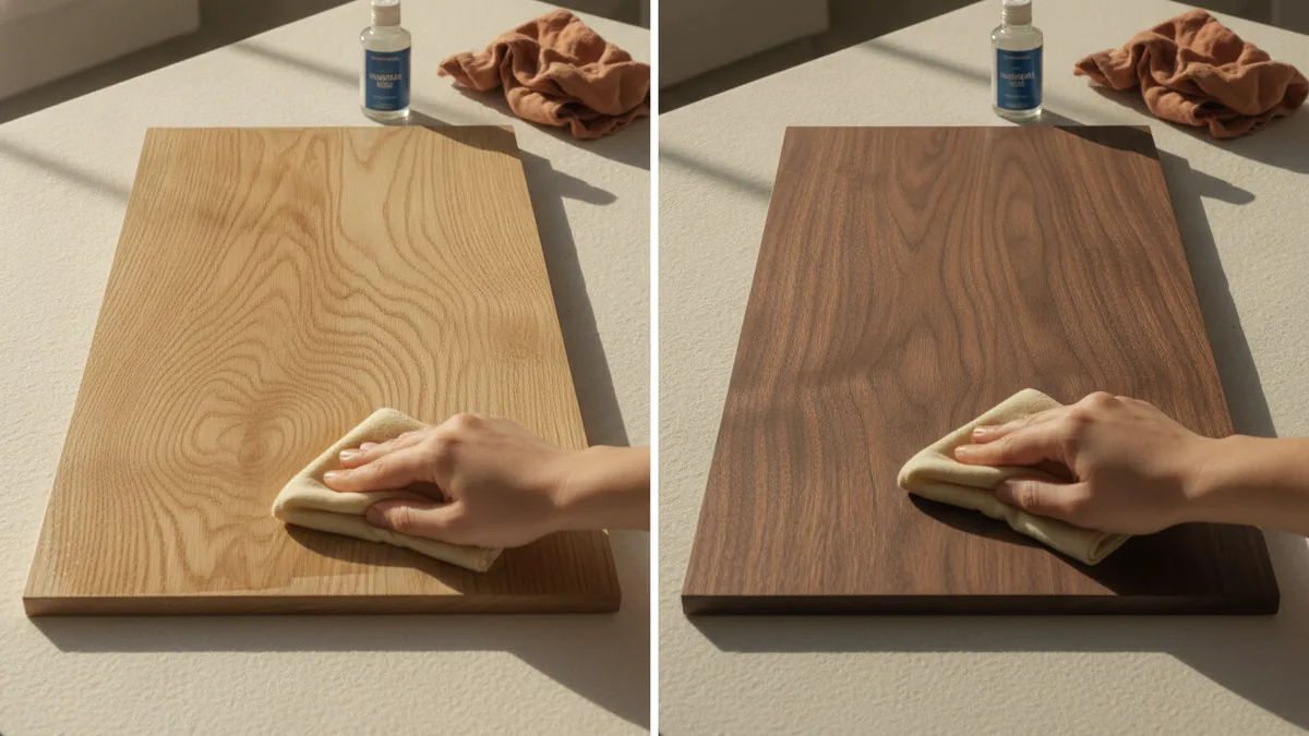 Polishing cloth applied to light oak and dark walnut surfaces for wood care