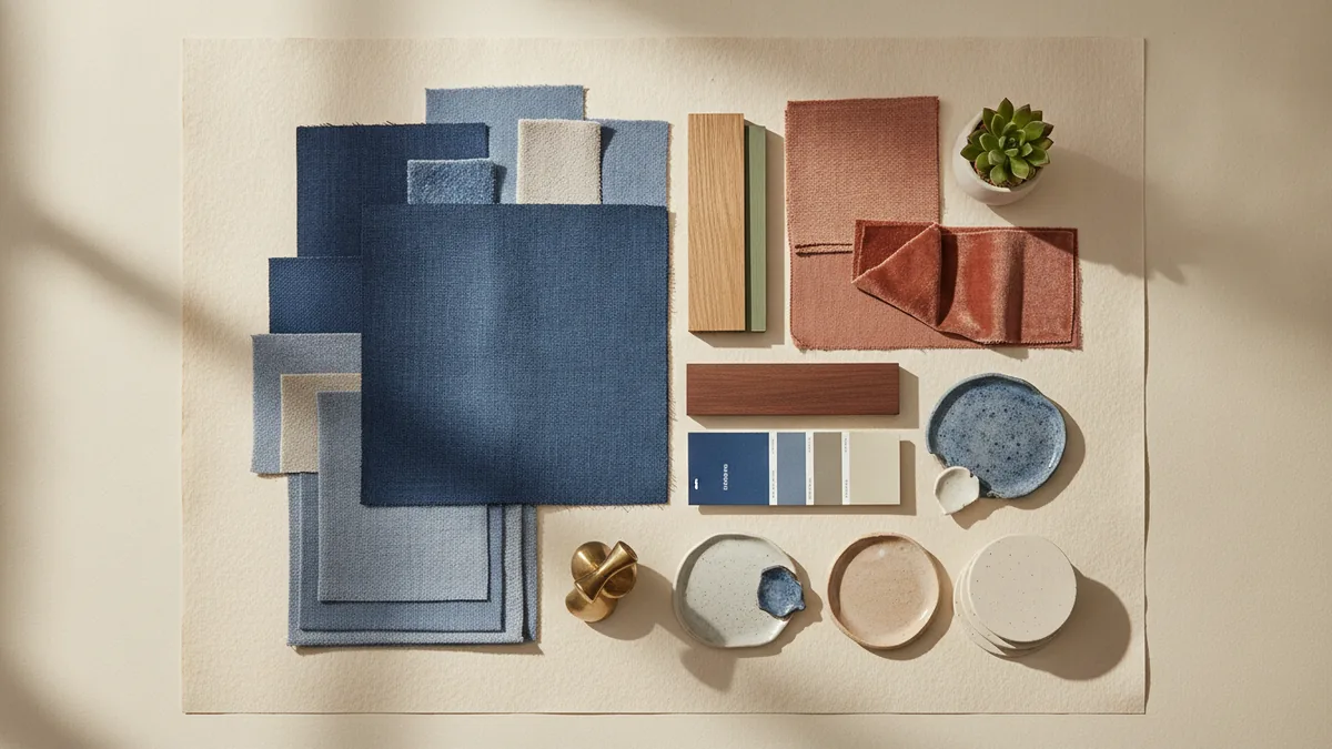 Interior mood board with fabric swatches, wood samples, paint tones, and decor objects