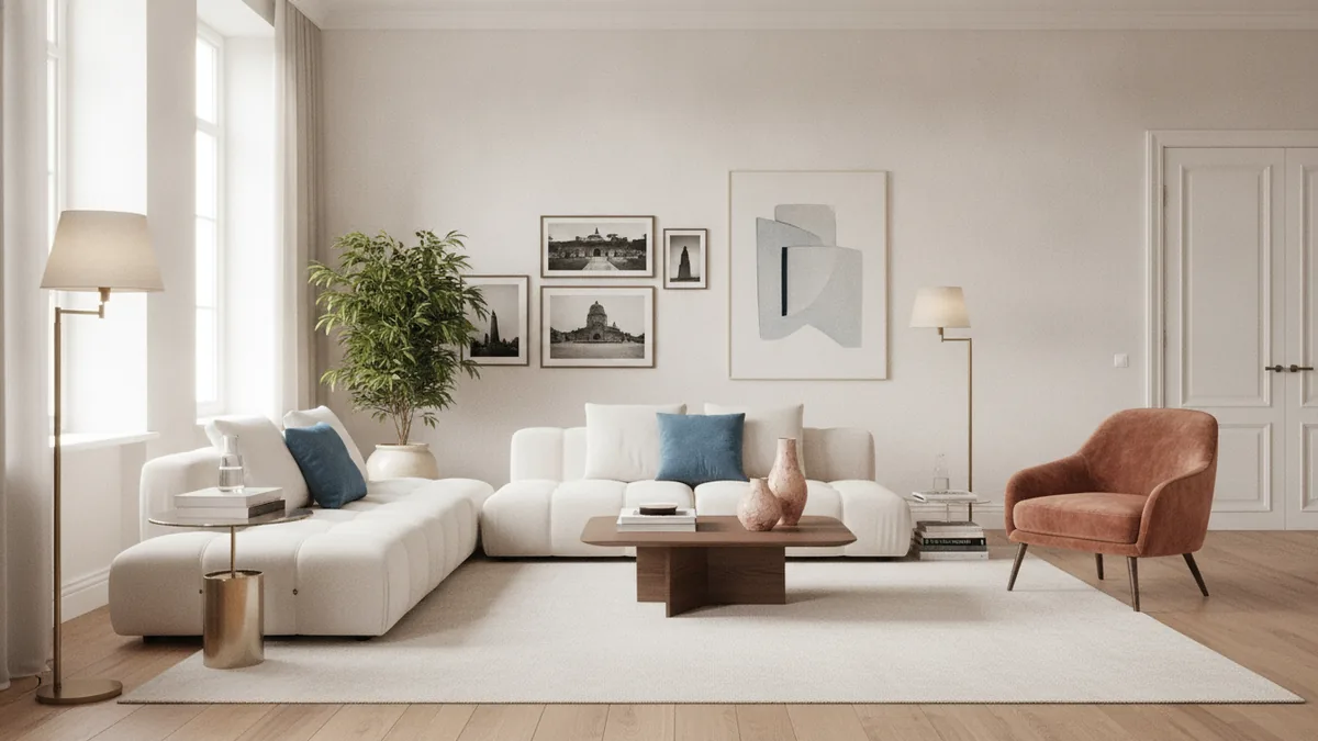 Living room showing coordinated wall color, wood finish, fabric, and metal accents