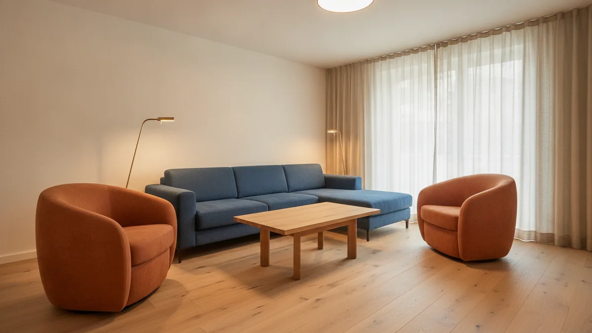 Interior layout with sofa, coffee table, chairs, clear paths, and layered lighting