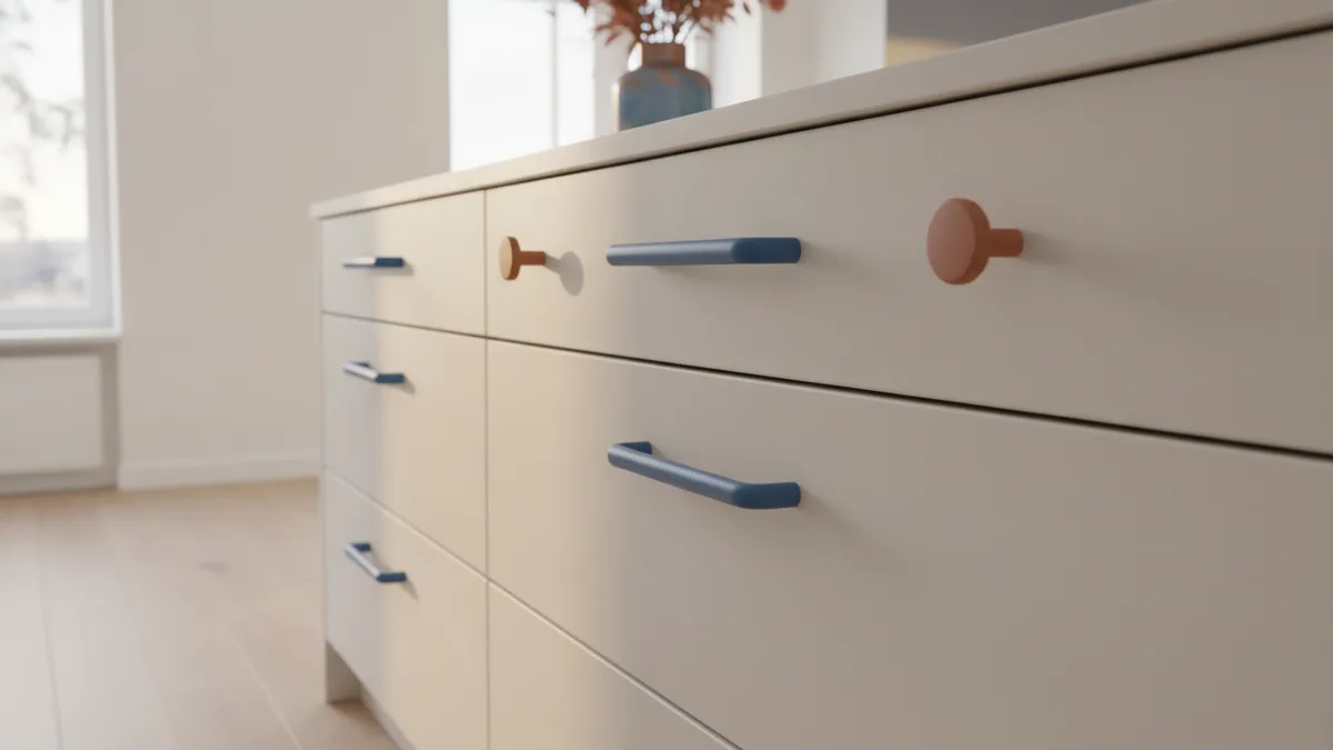 Minimalist cabinet hardware on modernized drawers and cabinet doors