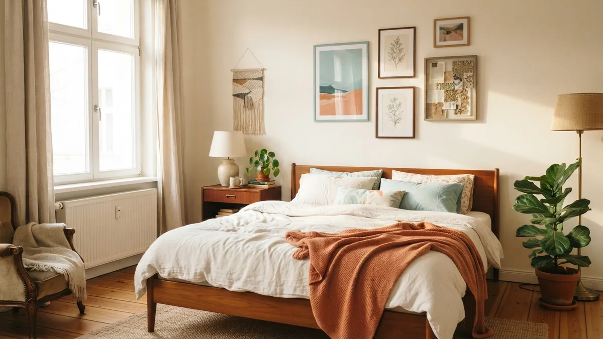 Vintage and indie room theme ideas Vintage and indie room theme with wood furniture, art, plants, and soft bedding