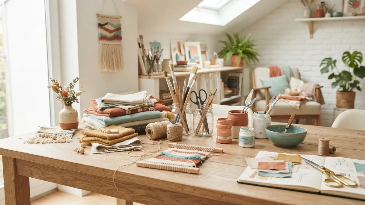 Low-cost DIY decor supplies with reclaimed wood, fabric scraps, paint, and jars