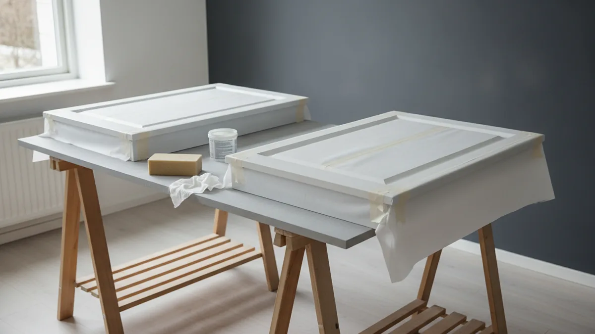 Prep cabinets for paint Sanding and degreasing cabinet doors in a clean prep workspace.
