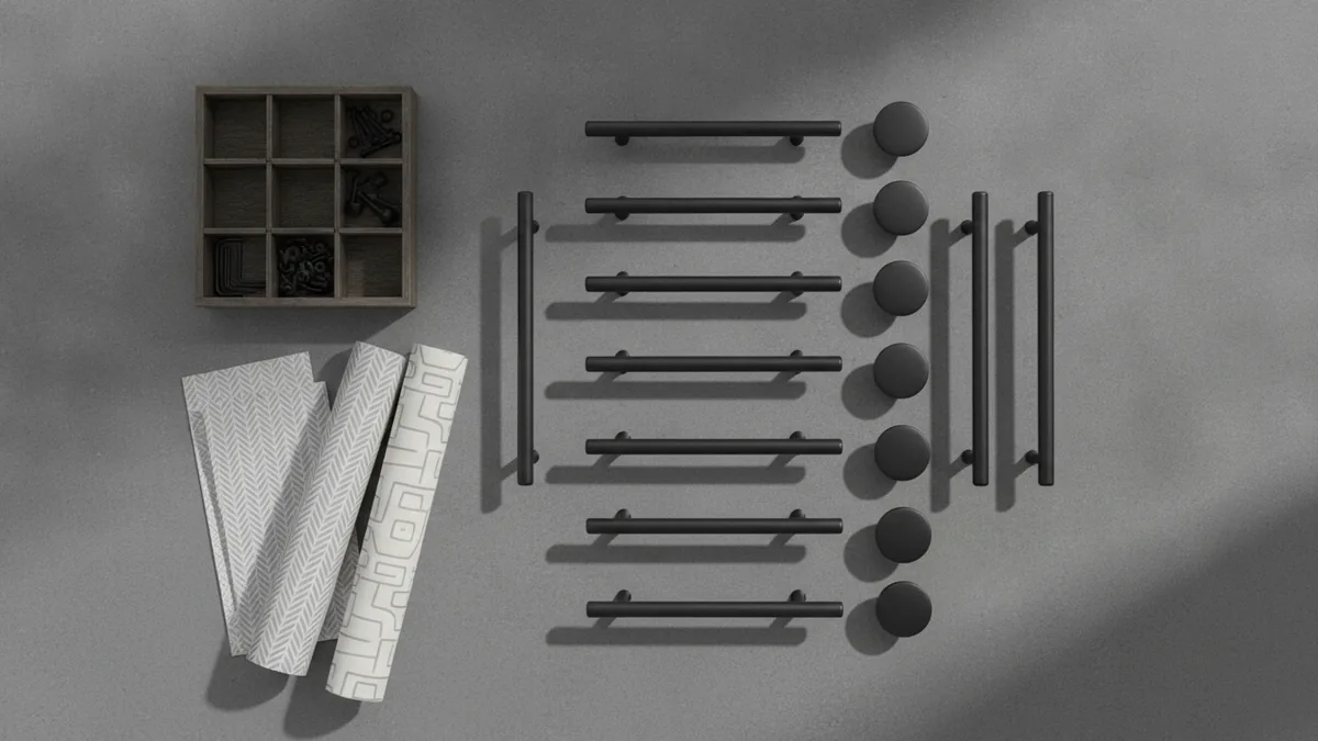 New cabinet hardware and budget upgrades ready for installation.