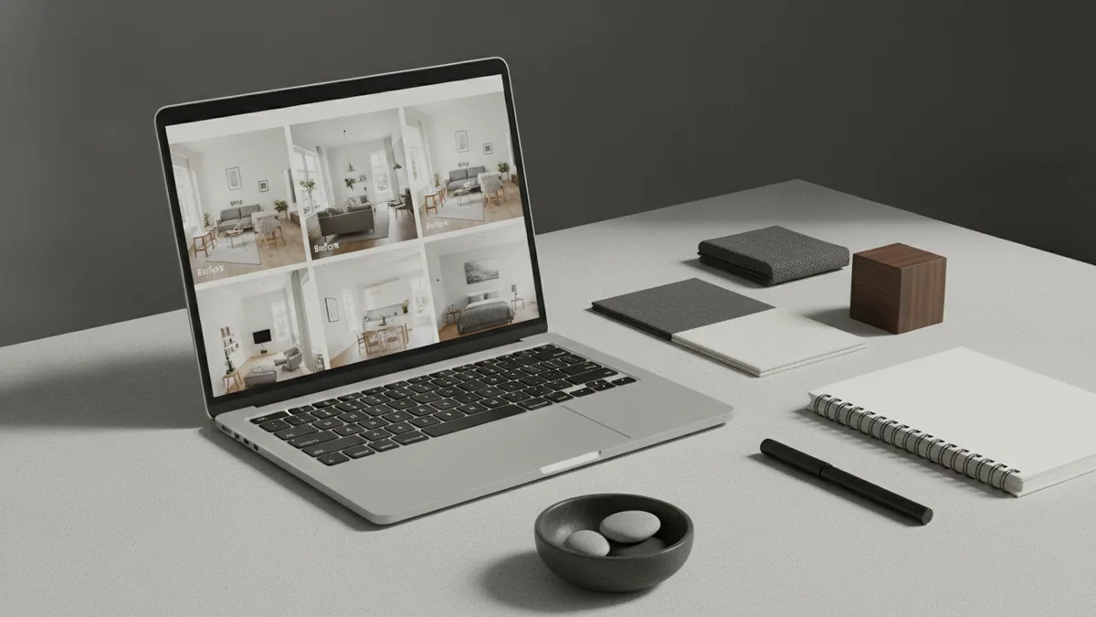 Consistent branding setup Clean workspace showing portfolio materials and design process
