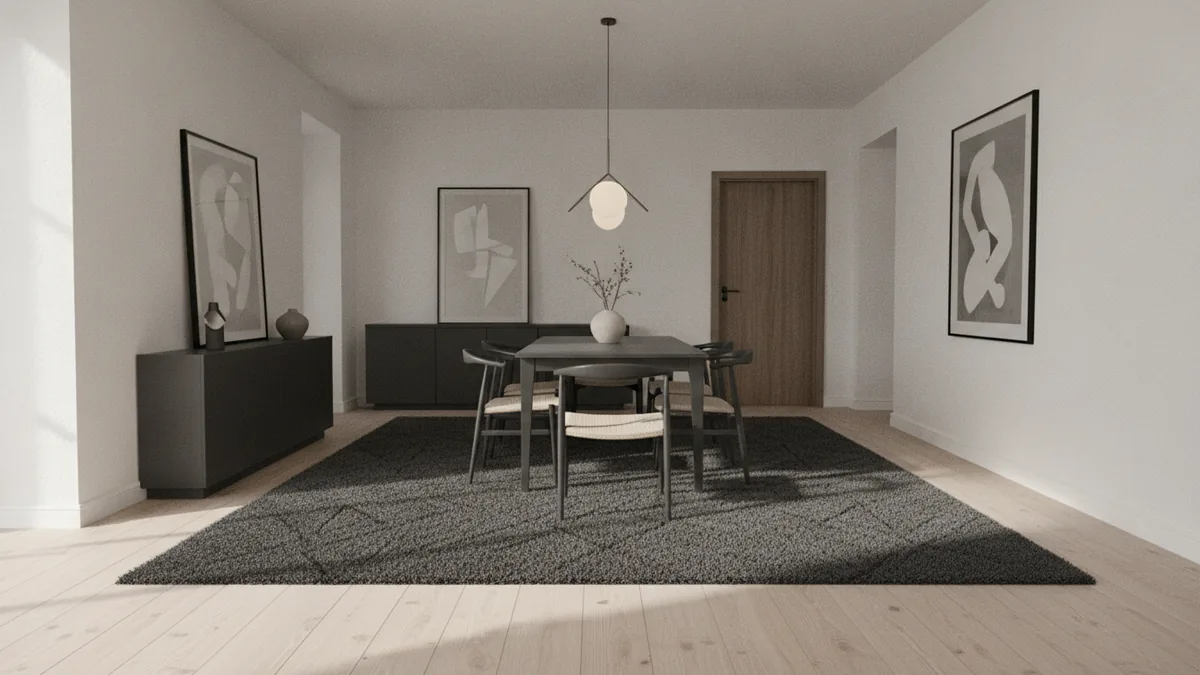 Rug edges leave visible floor space between rug and walls