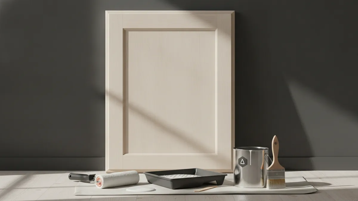 Tools and materials staged for priming and painting cabinet doors
