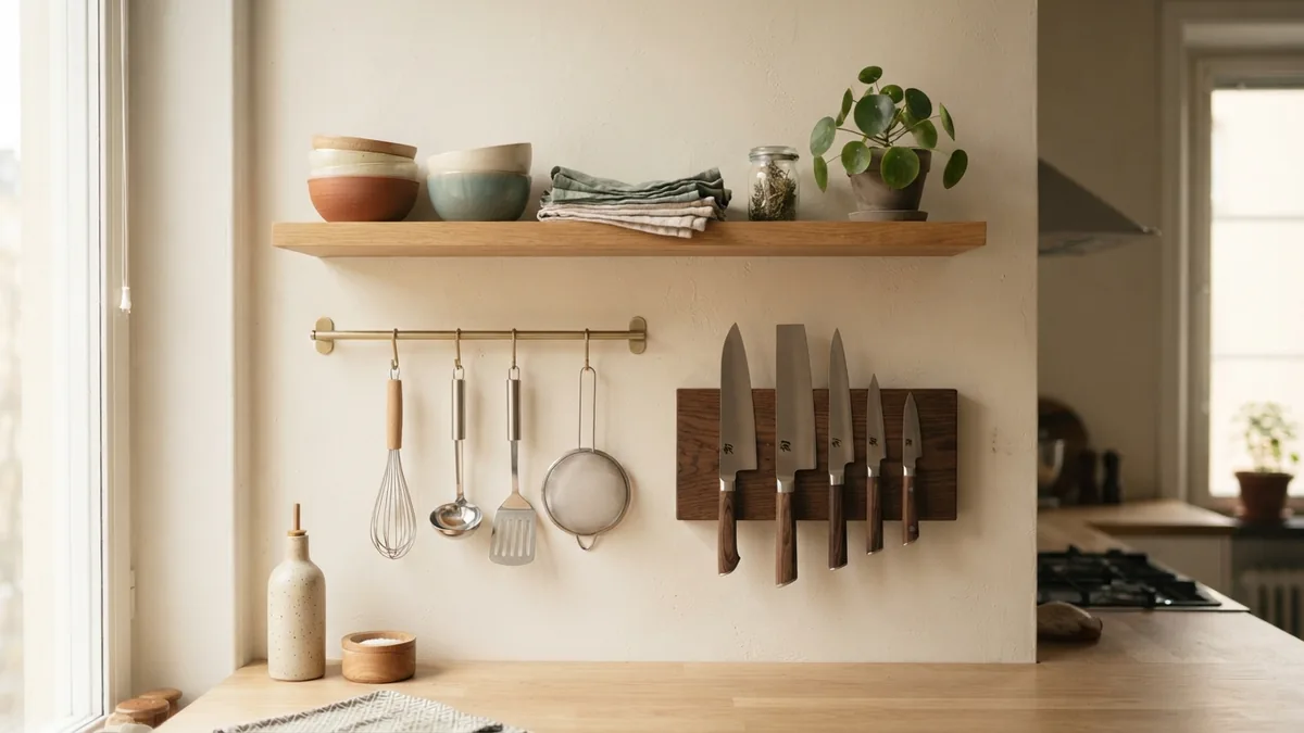 Use the walls for kitchen storage Vertical kitchen storage with wall rails, open shelves, and neatly arranged cooking tools