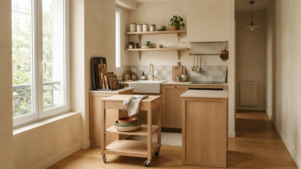 Creative storage for a narrow kitchen Slim rolling cart and compact island adding storage to a narrow apartment kitchen