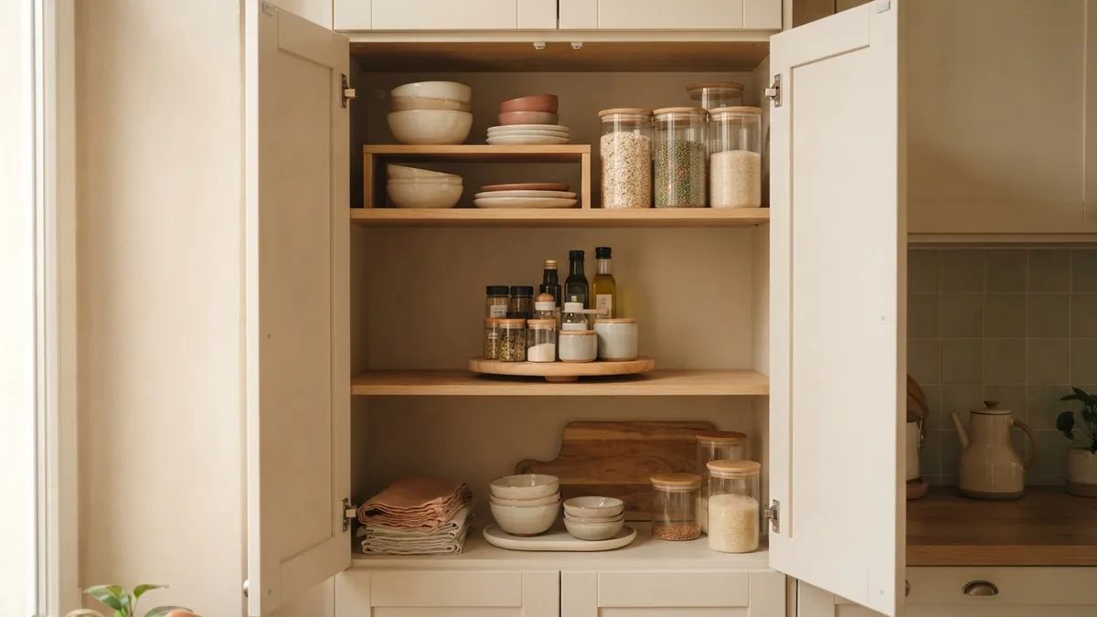 Organized small kitchen cupboard with shelf risers, bins, dishes, and a turntable
