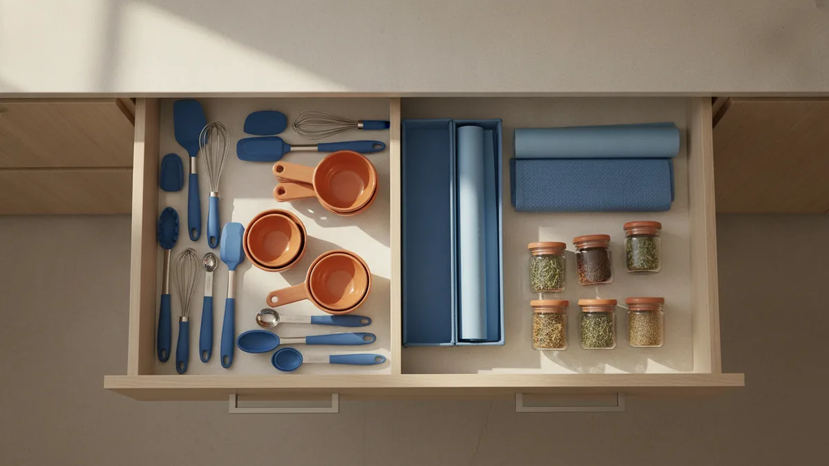Items grouped on the counter to plan what goes in each drawer compartment