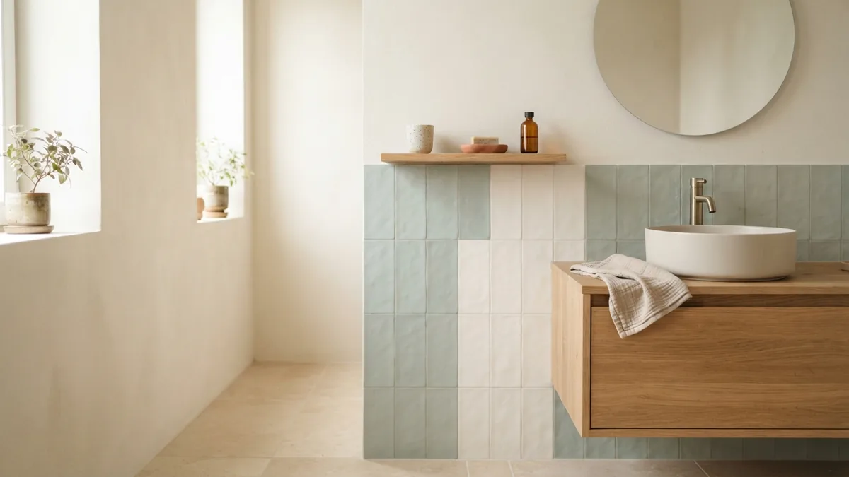Bathroom wall finishes in warm cream, soft sage, and beige beside matte ceramic tile