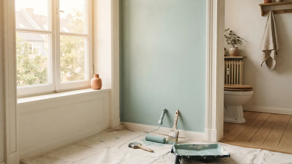 Freshly painted pale sage bathroom wall with roller, brush, trim, and drop cloth