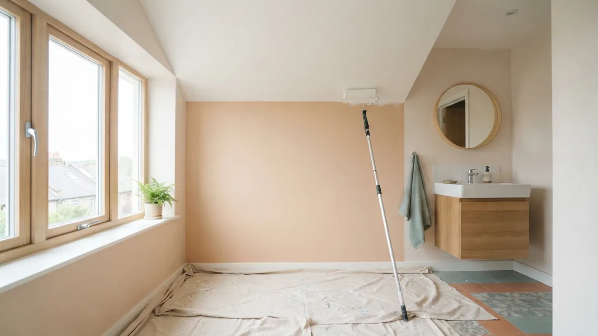 Bathroom ceiling being prepared with an extension roller and protected floor