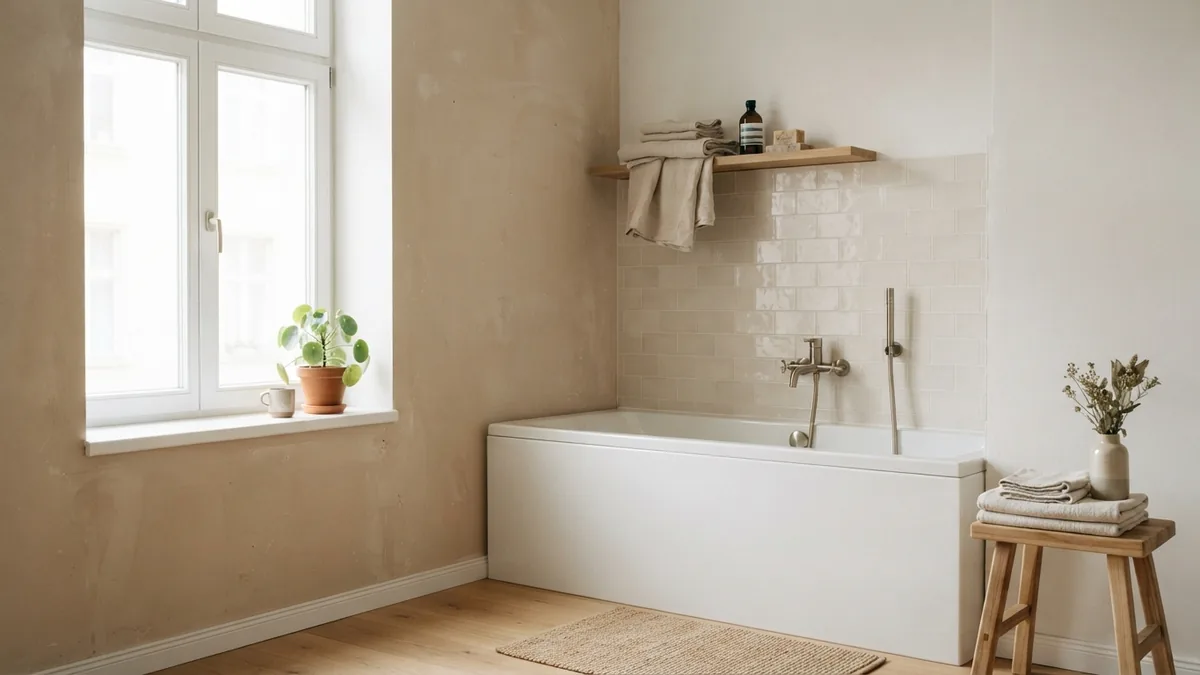 Clean bathroom tub and ceramic tile beside wallboard ready for a fresh finish