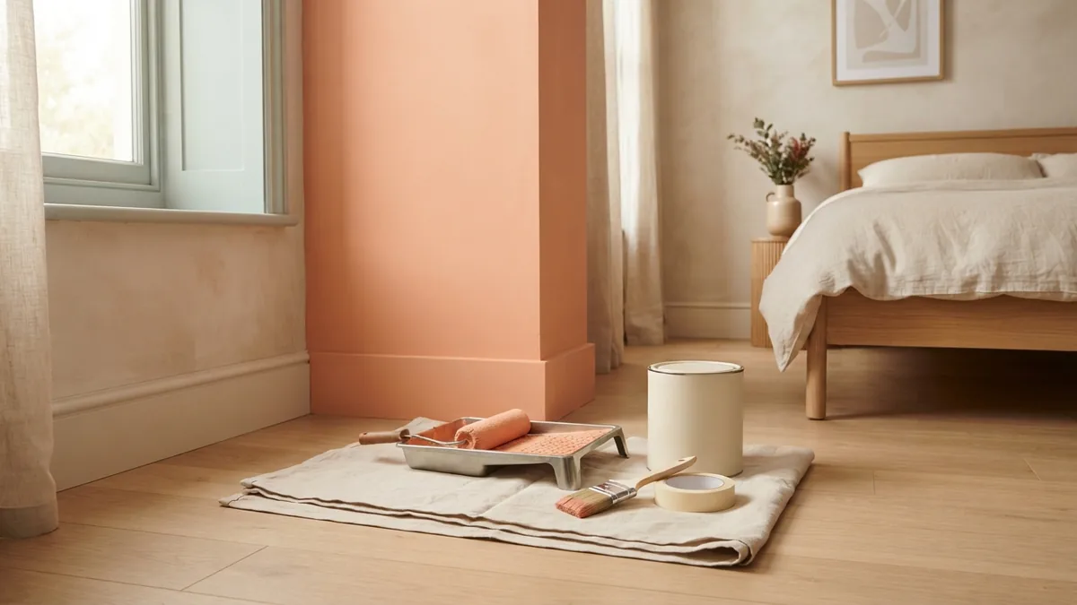 Painting tools arranged beside a bedroom wall with warm daylight and pale neutral decor