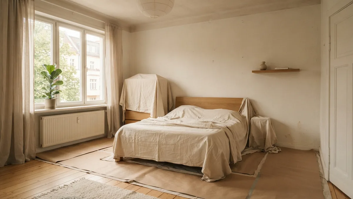 Bedroom furniture covered with canvas sheets before wall painting and home repairs