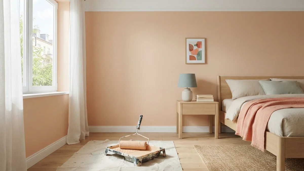 Freshly painted warm beige bedroom with smooth walls and pale oak furnishings