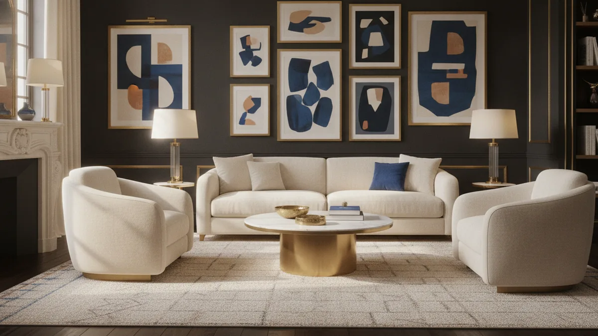 Black wall decor with colorful art, brass accents, and contrasting pale furnishings