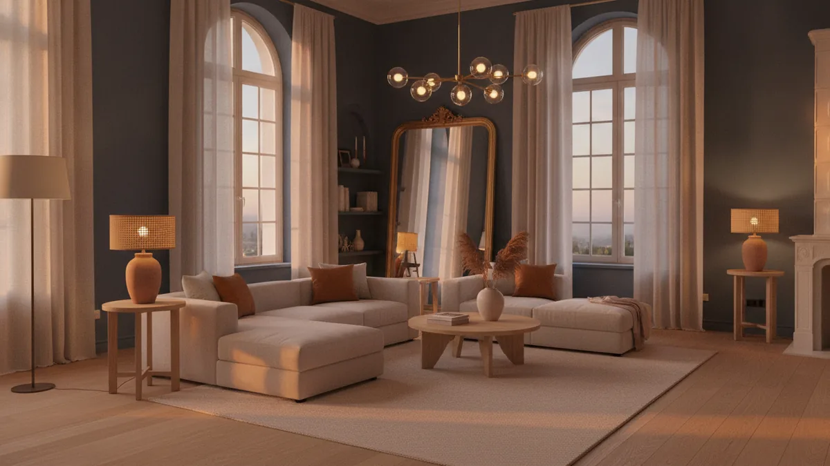 Lighting a room with black walls Black room with large windows, layered lamps, mirrors, and bright reflective surfaces